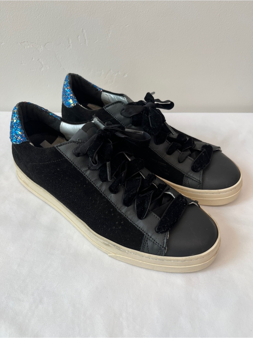 P448 John Black Suede Leather Sneakers Blue Glitter Heel EU 41 US Womens 10.5